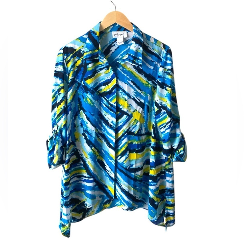 Peck & Peck Abstract Print Collared Button Down Drapy Sheer Blouse Size XL